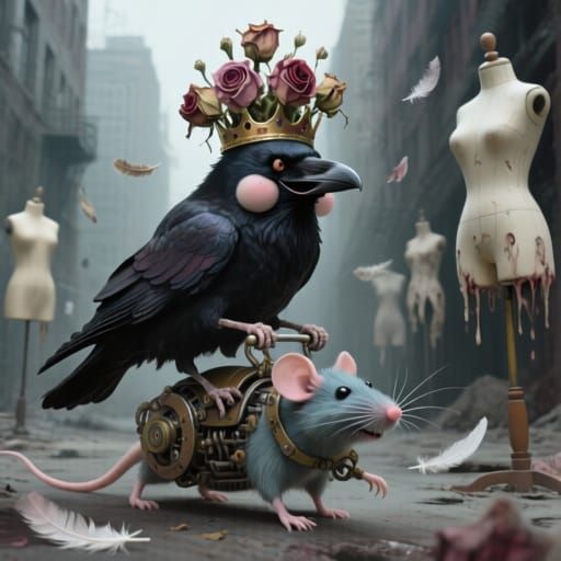 Grotesque Pastel Raven Rides Mechanical Rat
