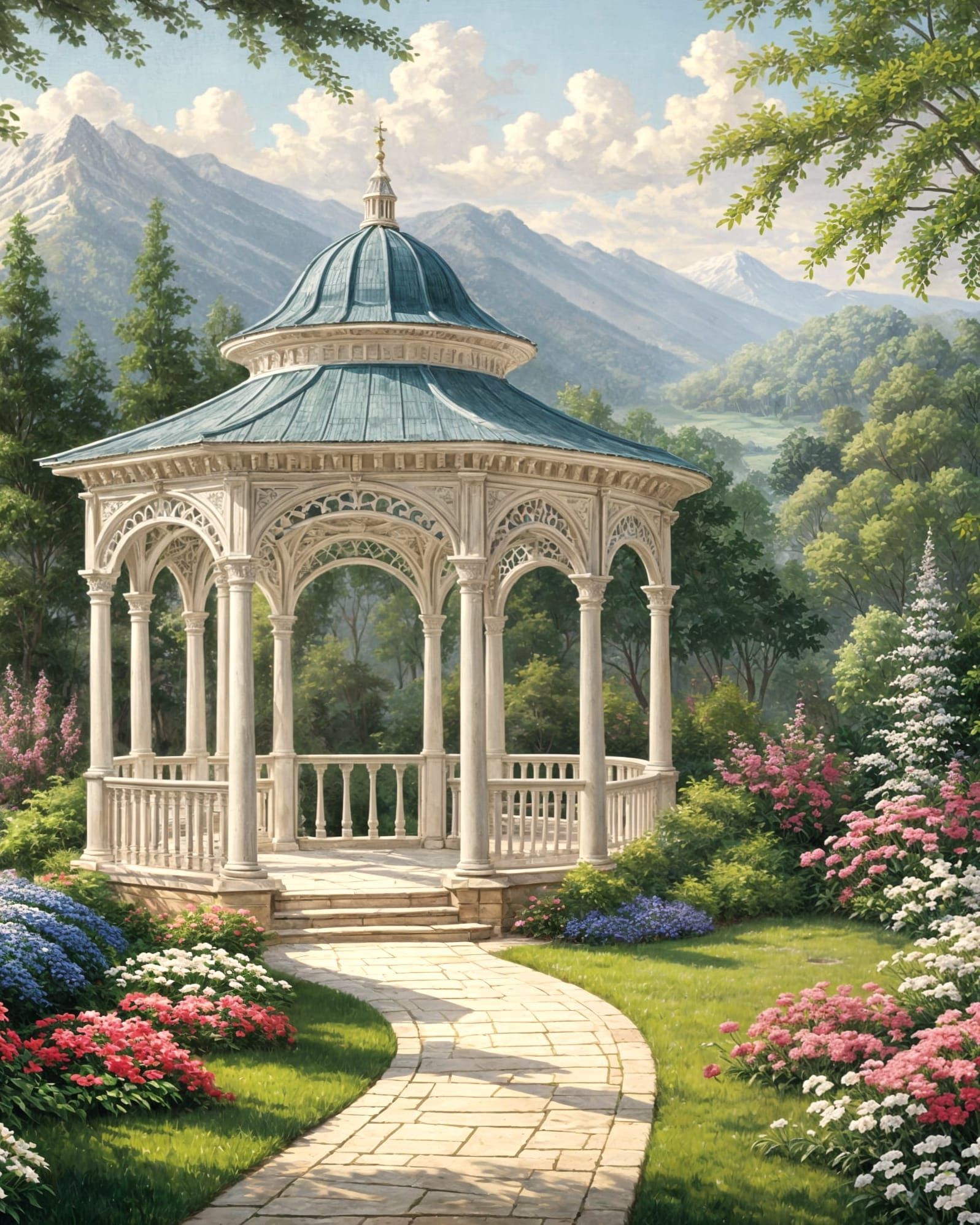 Pavilion in the Garden, in the Style of Thomas Kinkade