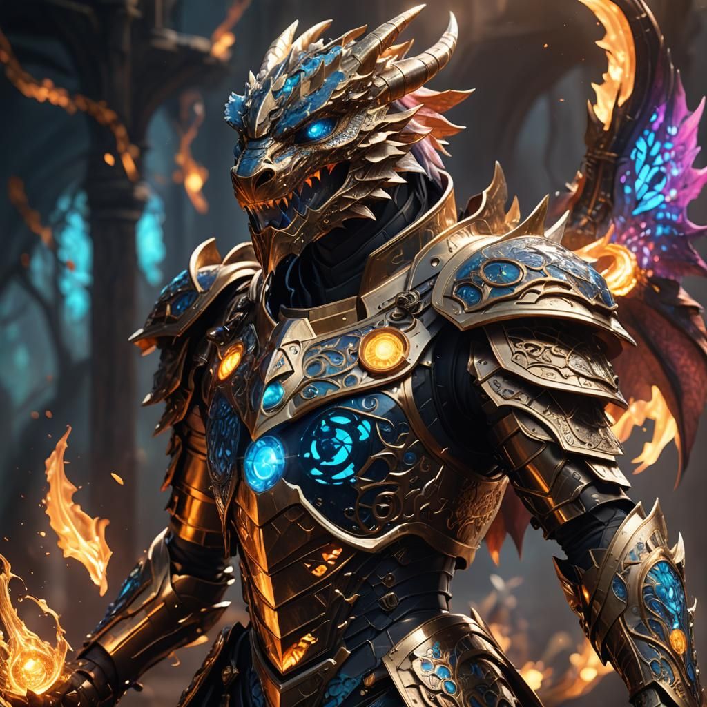 Dragonborn Automaton Wielding Magic in Anime Style