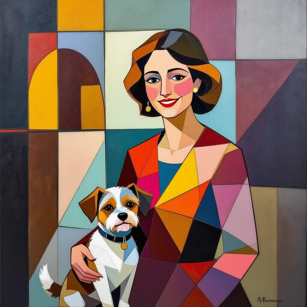 Woman and Dog Walk Amidst Geometric Art Deco Backdrop