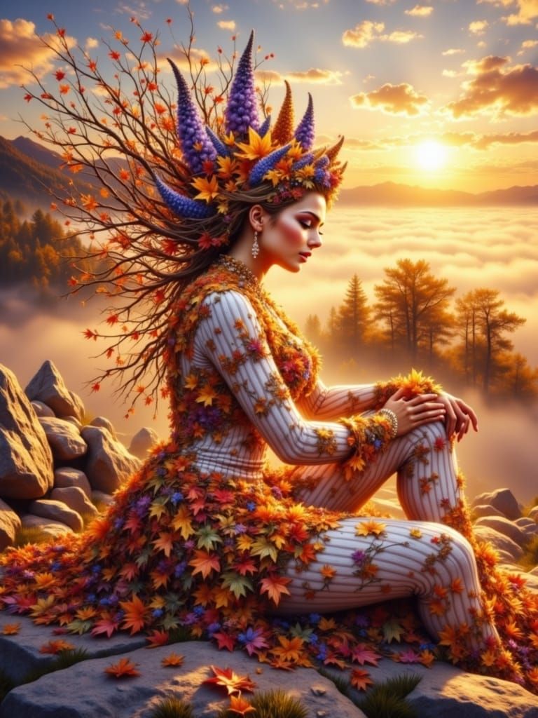 Autumn Goddess of Stone and Leaves in Dynamic Sunset