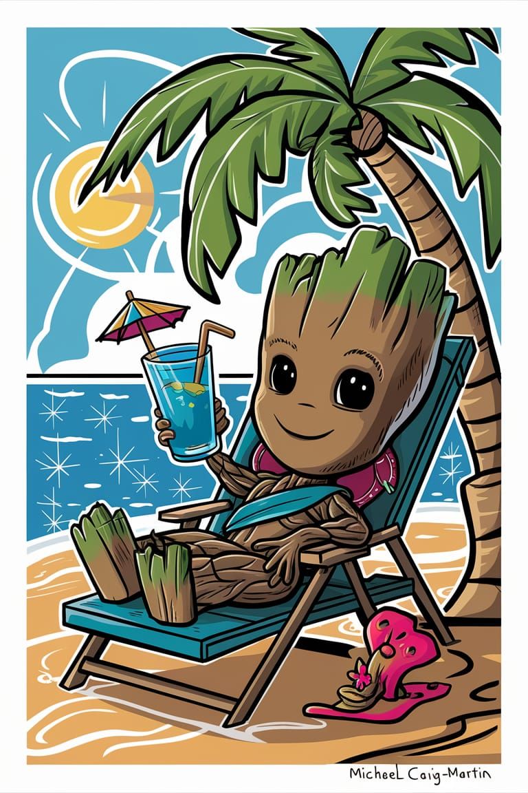 Groot's Tropical Vacation in Michael Craig-Martin Style