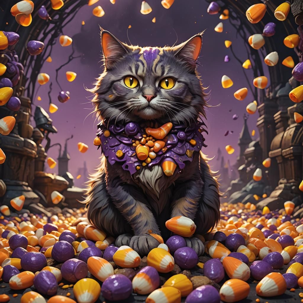 Hyperdetailed Candy Corn Cat in Dark Fantasy Style