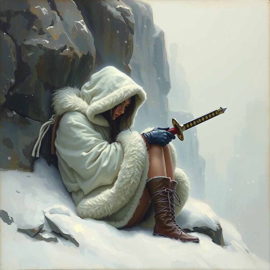 Girl with Katana in Blizzard, Oil Painting
