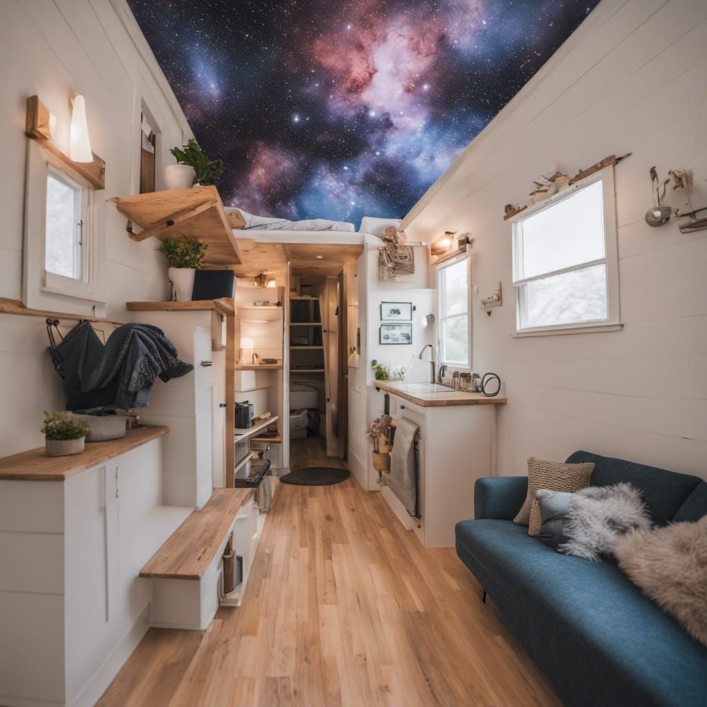 Cozy Tiny House Interior with Galaxy Ceiling