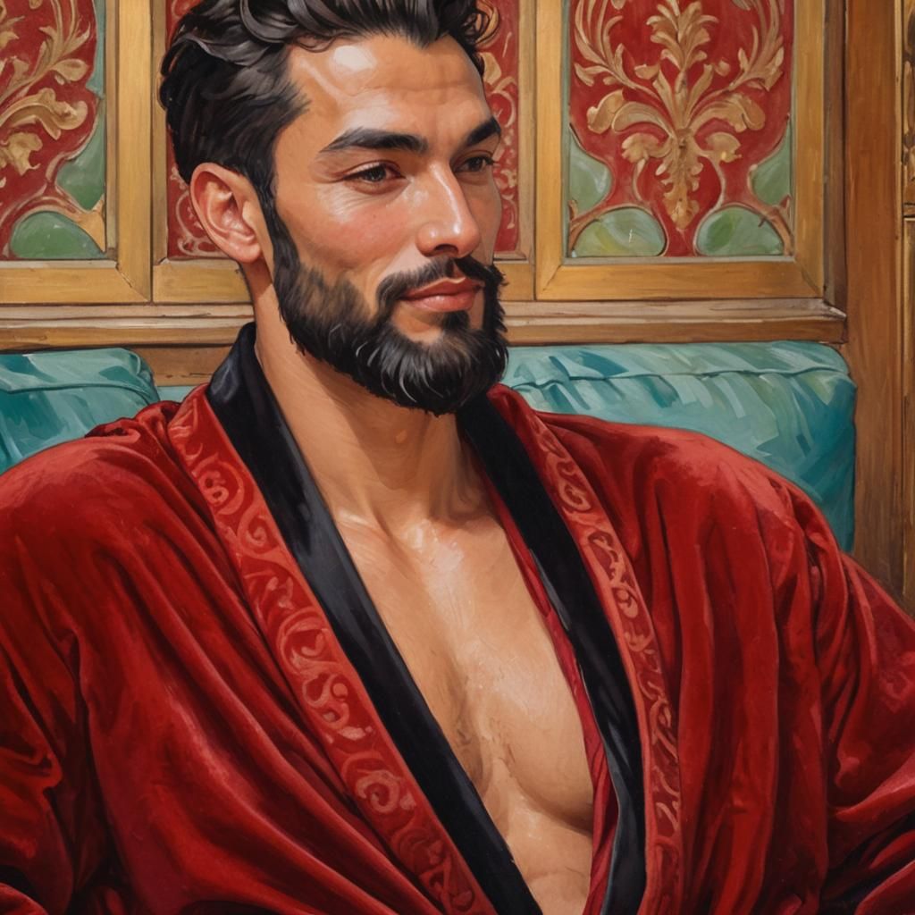 Elegant Man in Red Velvet Robe, Art Nouveau Portrait