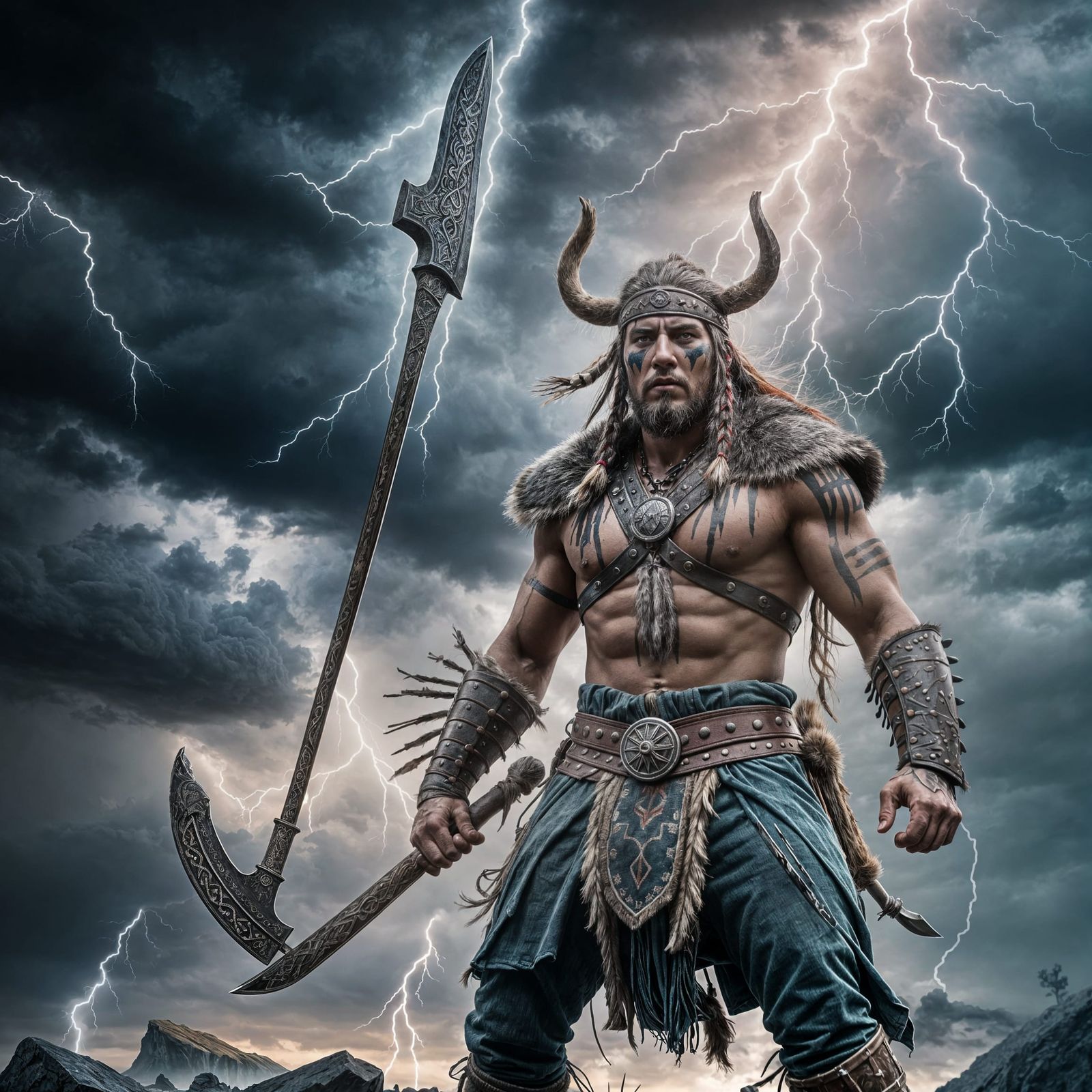 Viking Warrior in Storm, Hyperrealistic Digital Art
