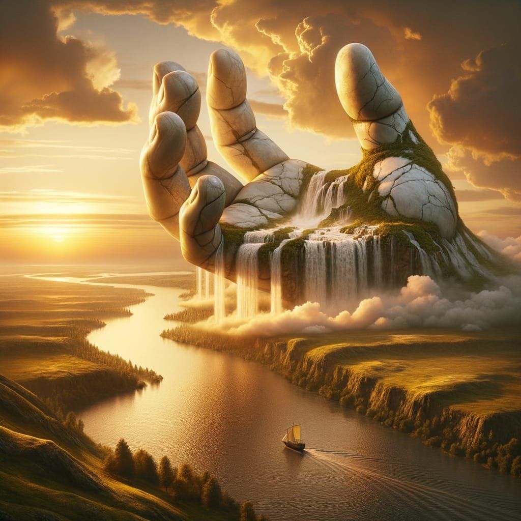 Surreal Sunset Scene of a Majestic Marble Hand