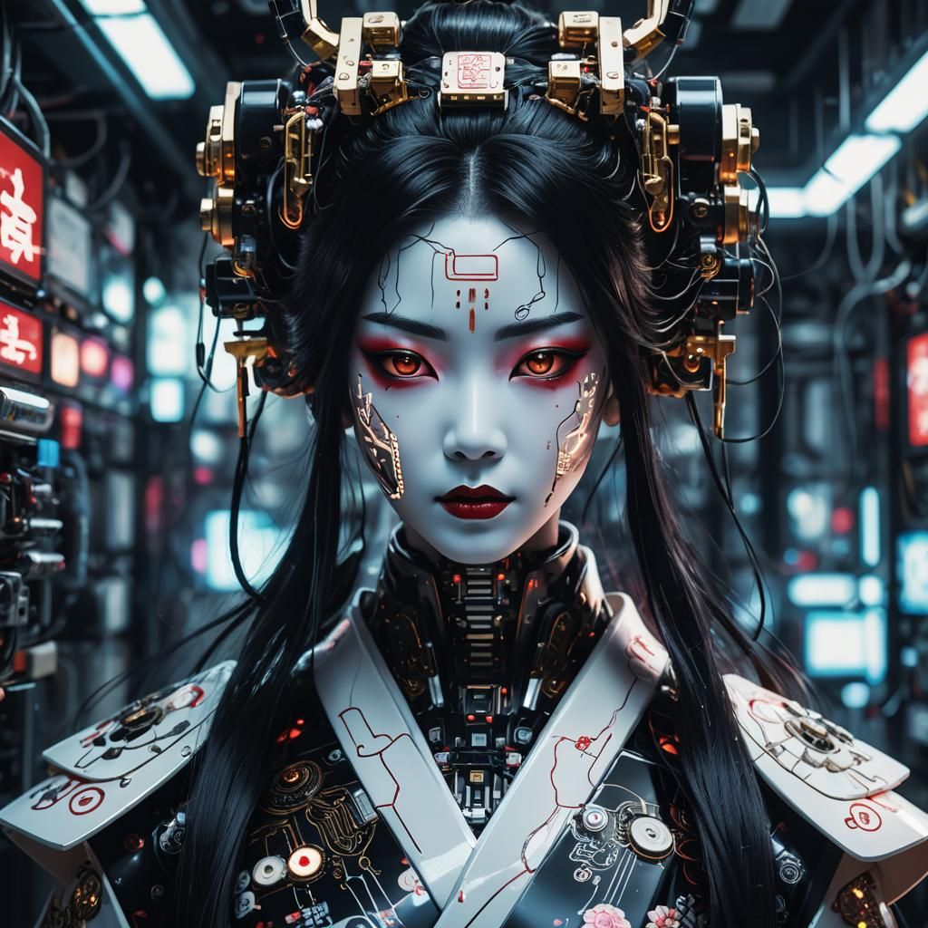 Dark Geisha Android Portrait in Cyberpunk Style