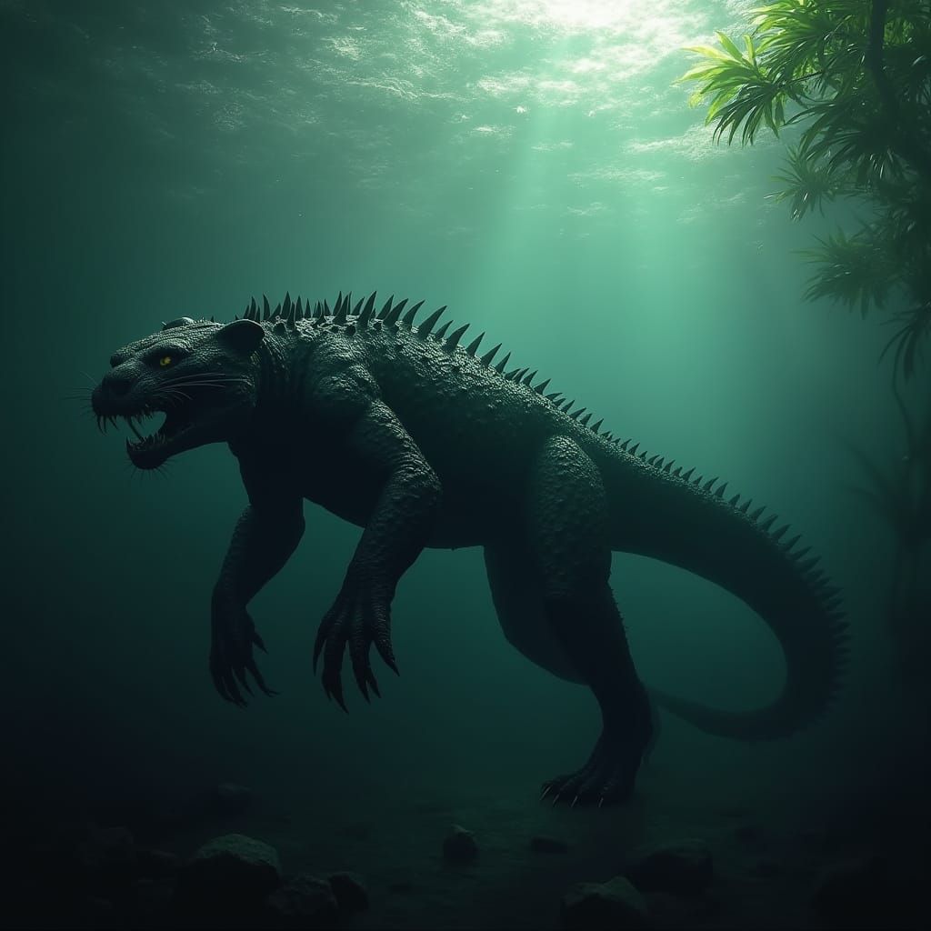 Dark Underwater Creature with Jaguar and Alligator Traits in...