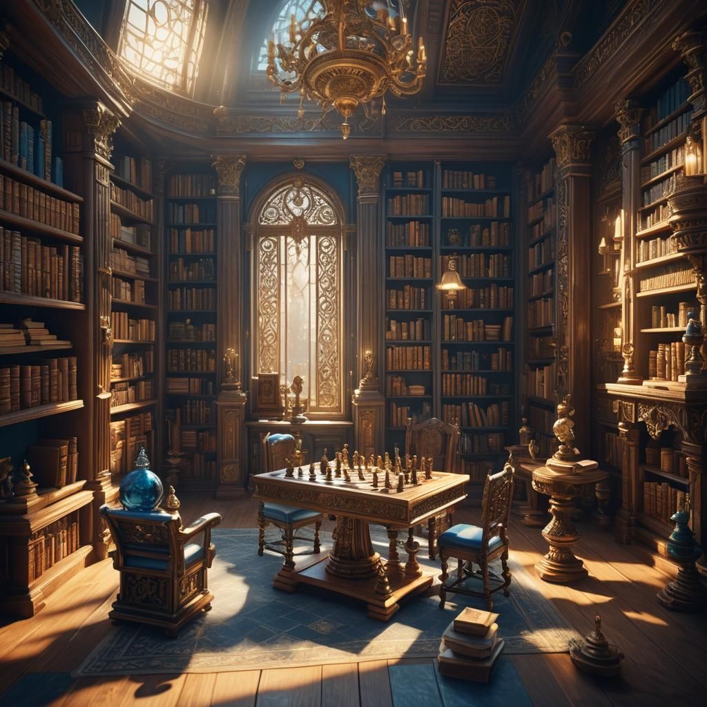 Miniature Library with Chess Table in Fantasy Style