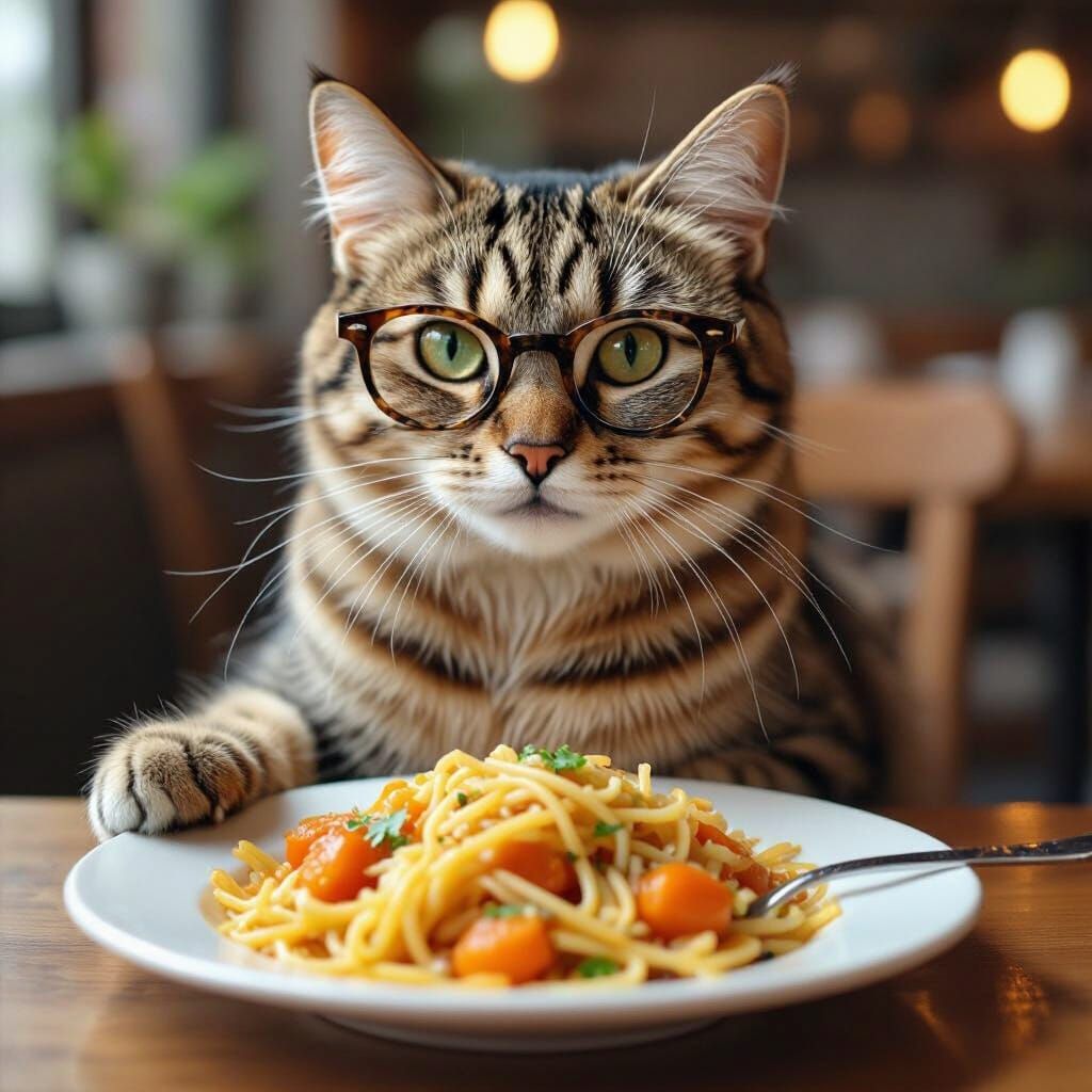 Cat Wearing Cool Glasses Eats Food