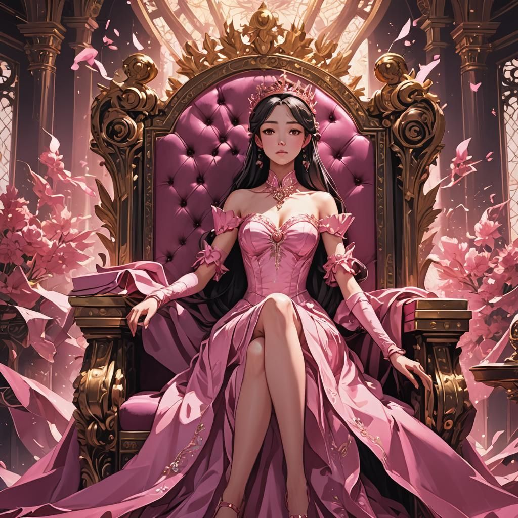 Anime Girl in Pink Dress on Throne