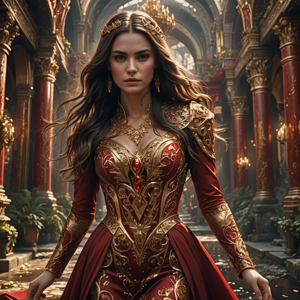 Brunette Model in Red and Gold Dress: Fantasy Art