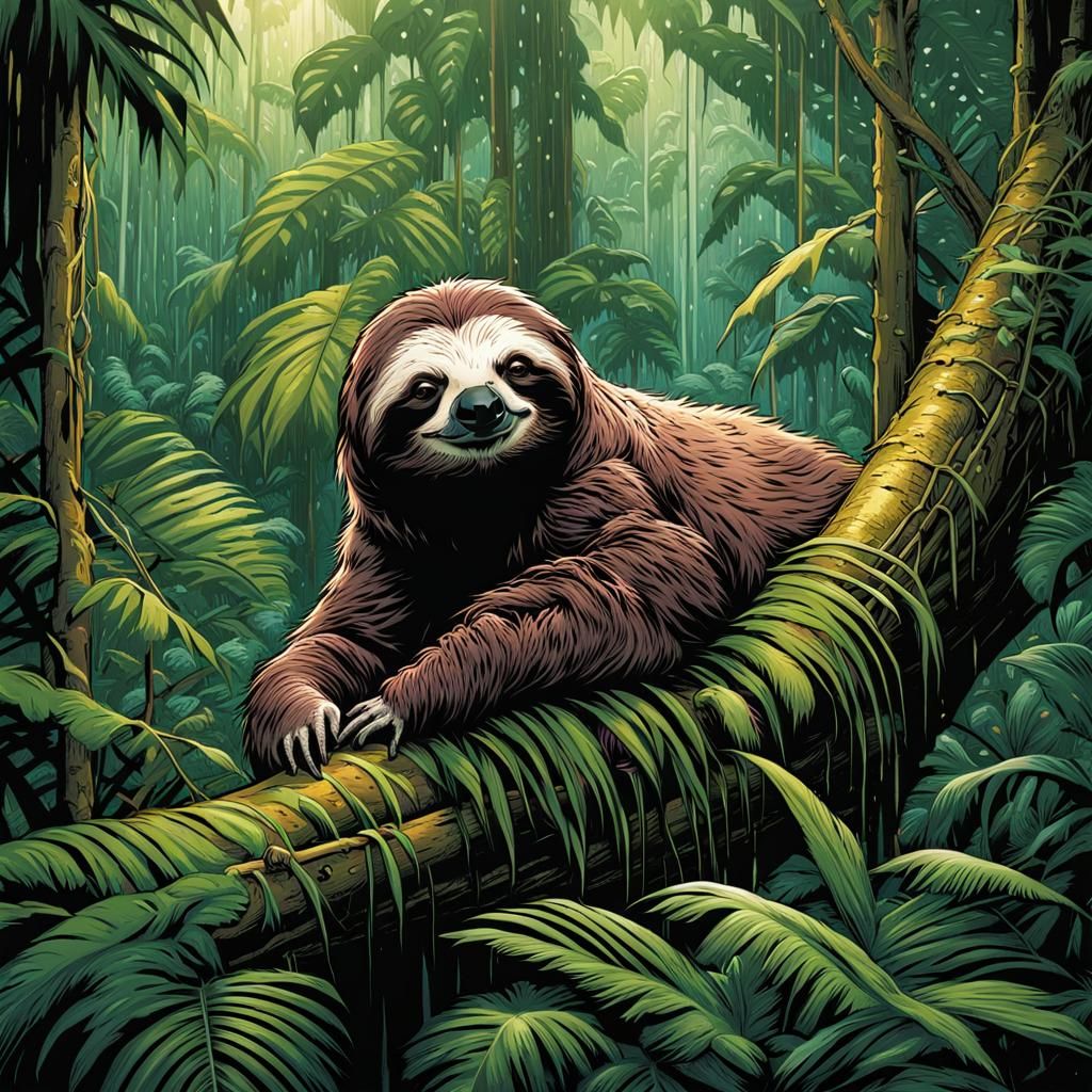 Sloth in Rainforest: Comic Book Art