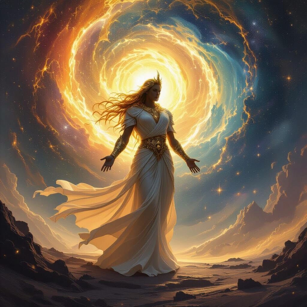 Divine Figure Transforms Cosmic Energy into Passion