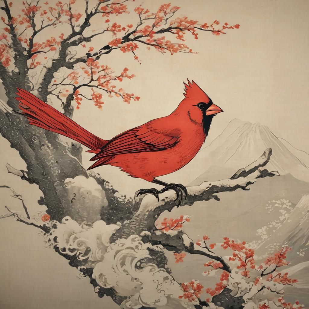 Cardinal in the style of Katsushika Hokusai