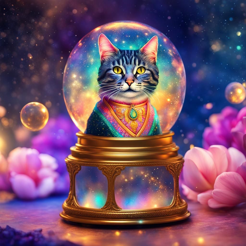 Sparkling Tulip Cat Snow Globe: Holographic Illustration