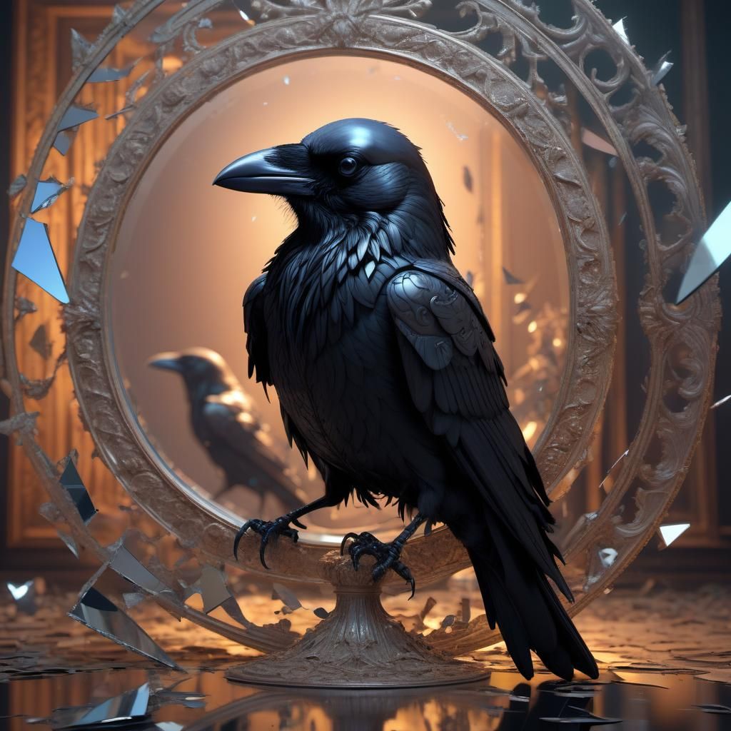 Crow Flies Through Mirror of Soul in Digital Art