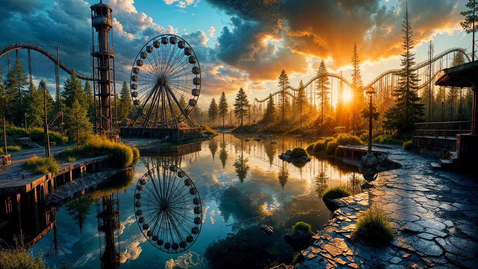Abandoned Amusement Park Sunset with Hyperrealistic Details