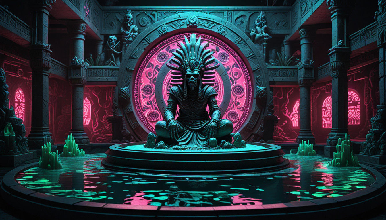 Surreal Casino Oasis with Aztec God and Dancing Skeletons