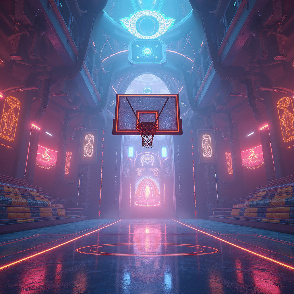 Majestic Indoor Basketball Hoop in a Futuristic Dream Arena