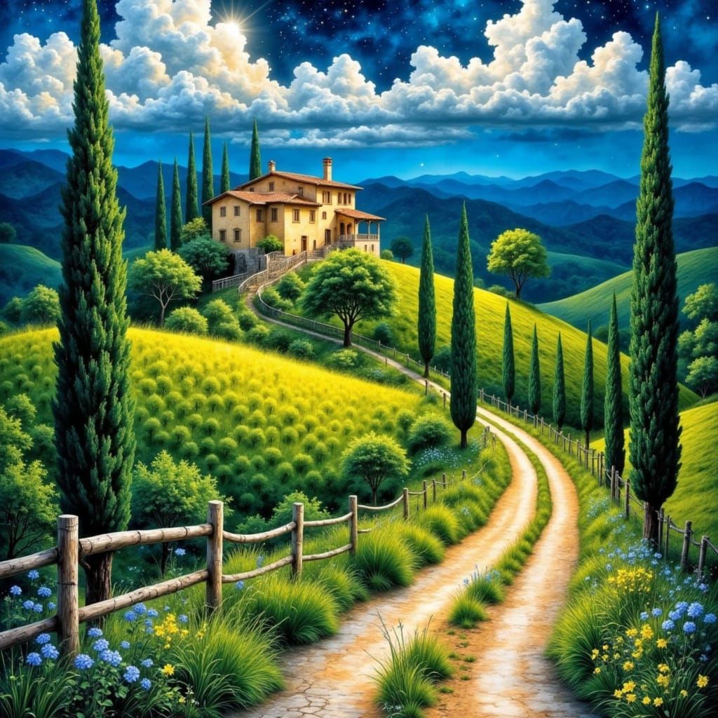 Springtime Tuscan Landscape at Night