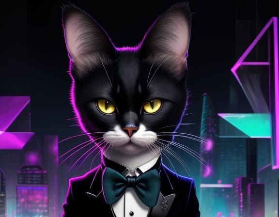 Awkward Cat in Tuxedo, Surreal Neon Lighting