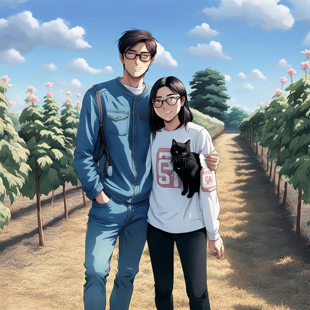 Charming Manga Couple with Cats in Pastel Hues