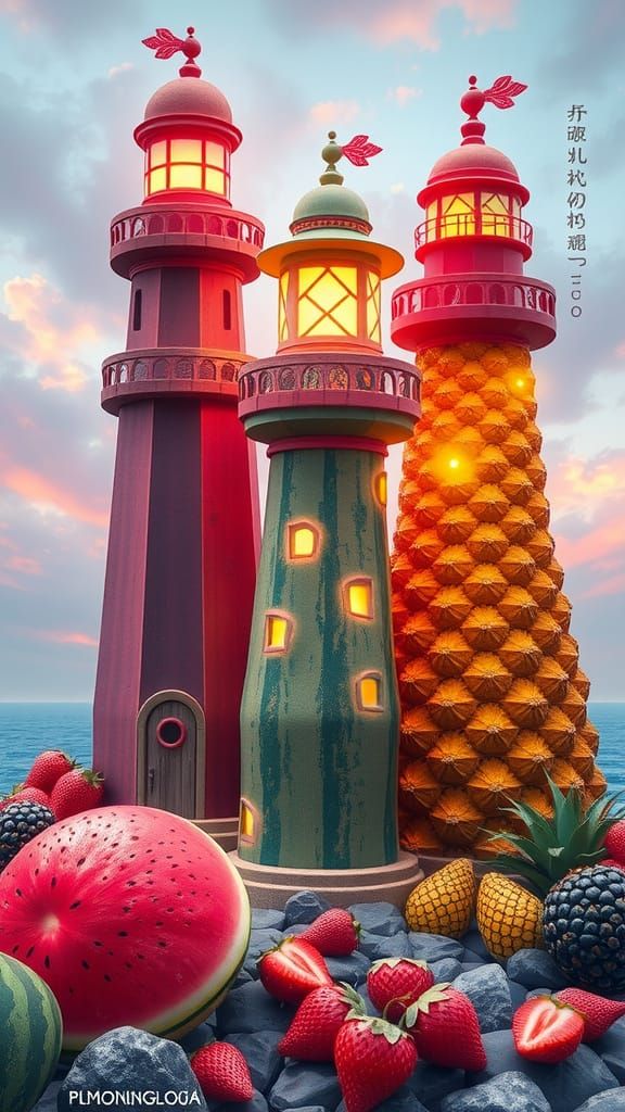 Fruit Lighthouses in Whimsical Animation Style