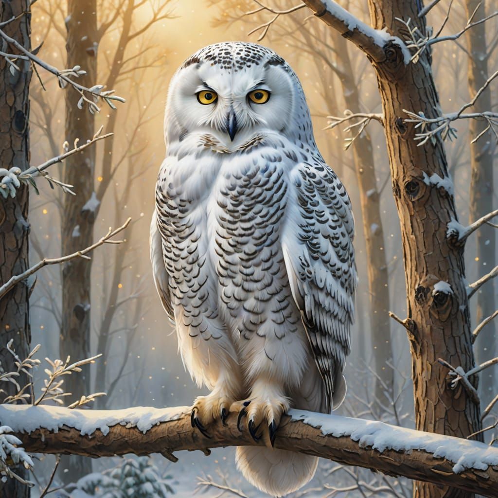 Snow Owl Portrait in Watercolor Style