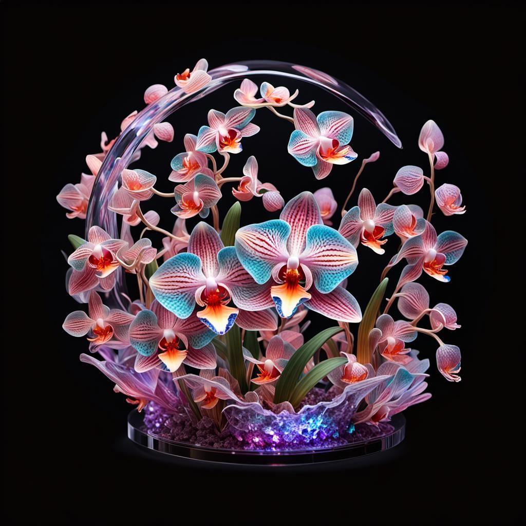 Bioluminescent Crystal Orchid Sculpture: Sparkling Fantasy A...