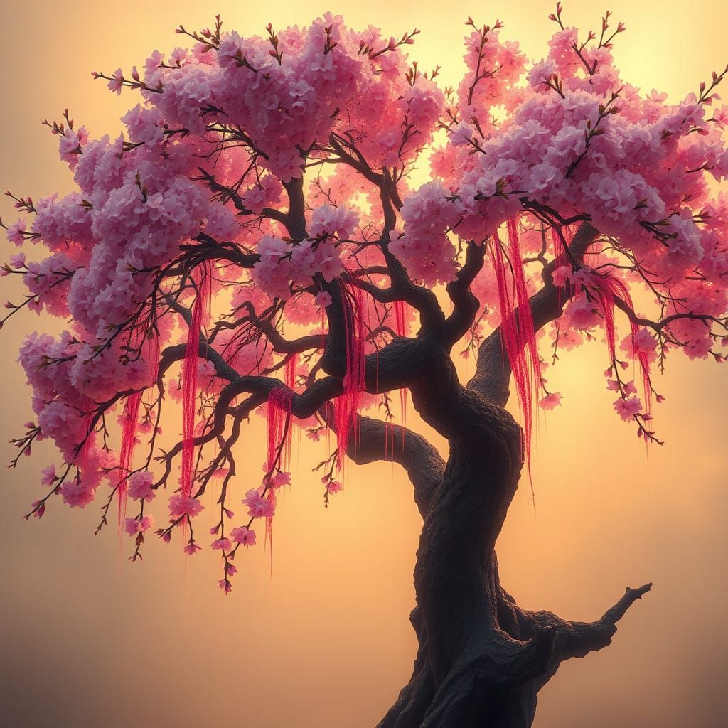 Surreal Cherry Blossom Tree in Mystical, Dreamlike Quality