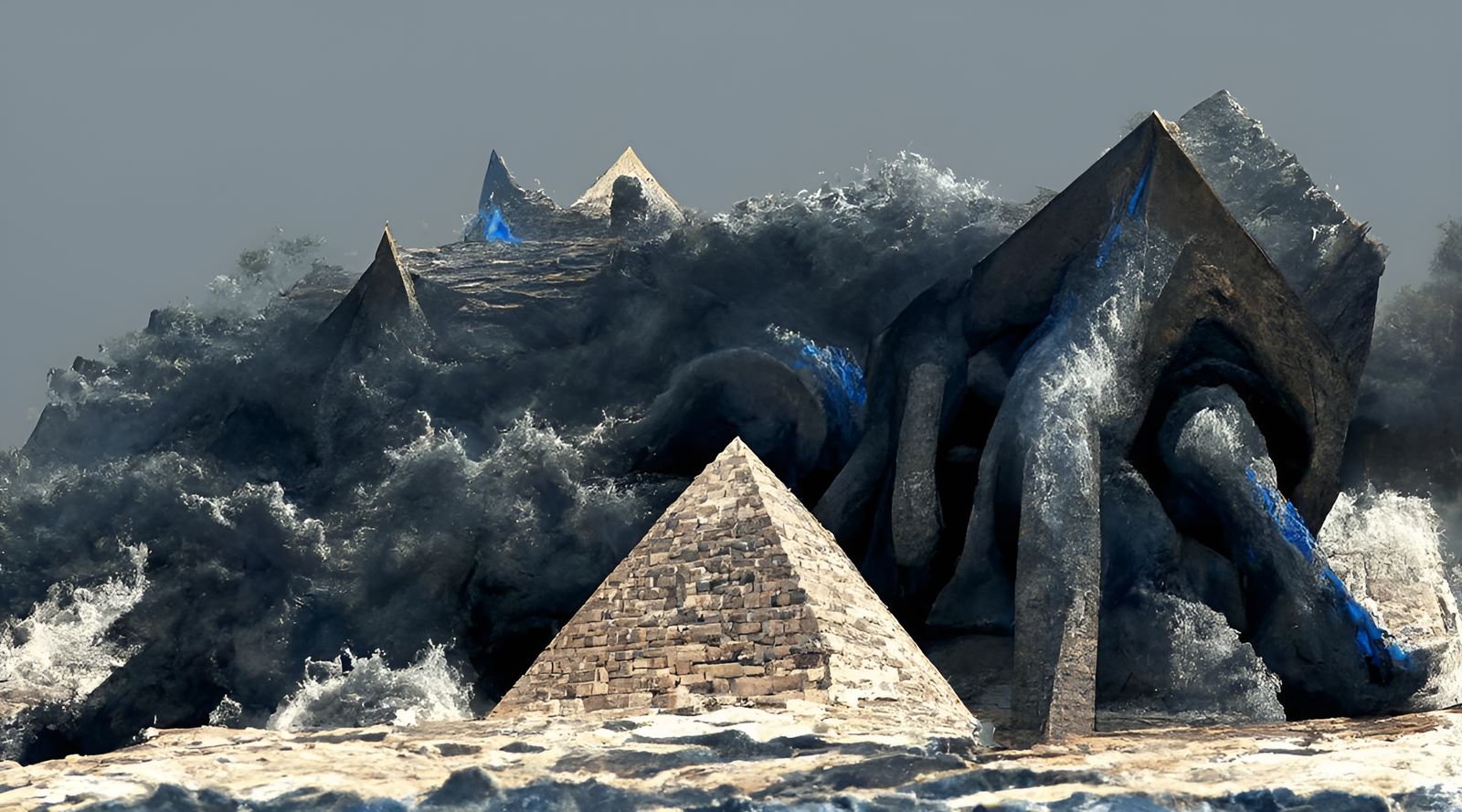Catastrophic Waves Crash Giza Pyramids, Digital Art