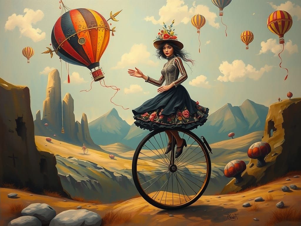 Surreal Bohemian Goddess on a Dreamlike Unicycle