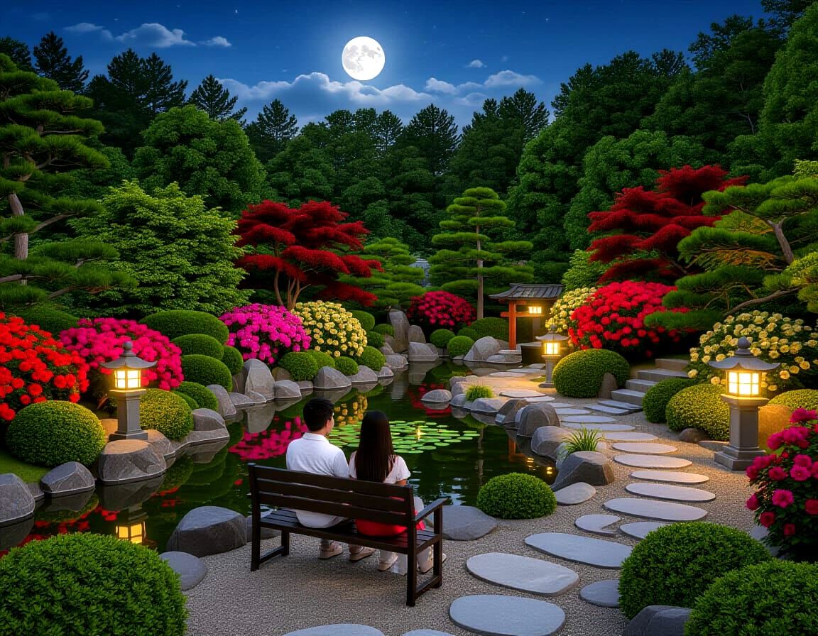 Moonlit Romantic Japanese Zen Garden in Summer