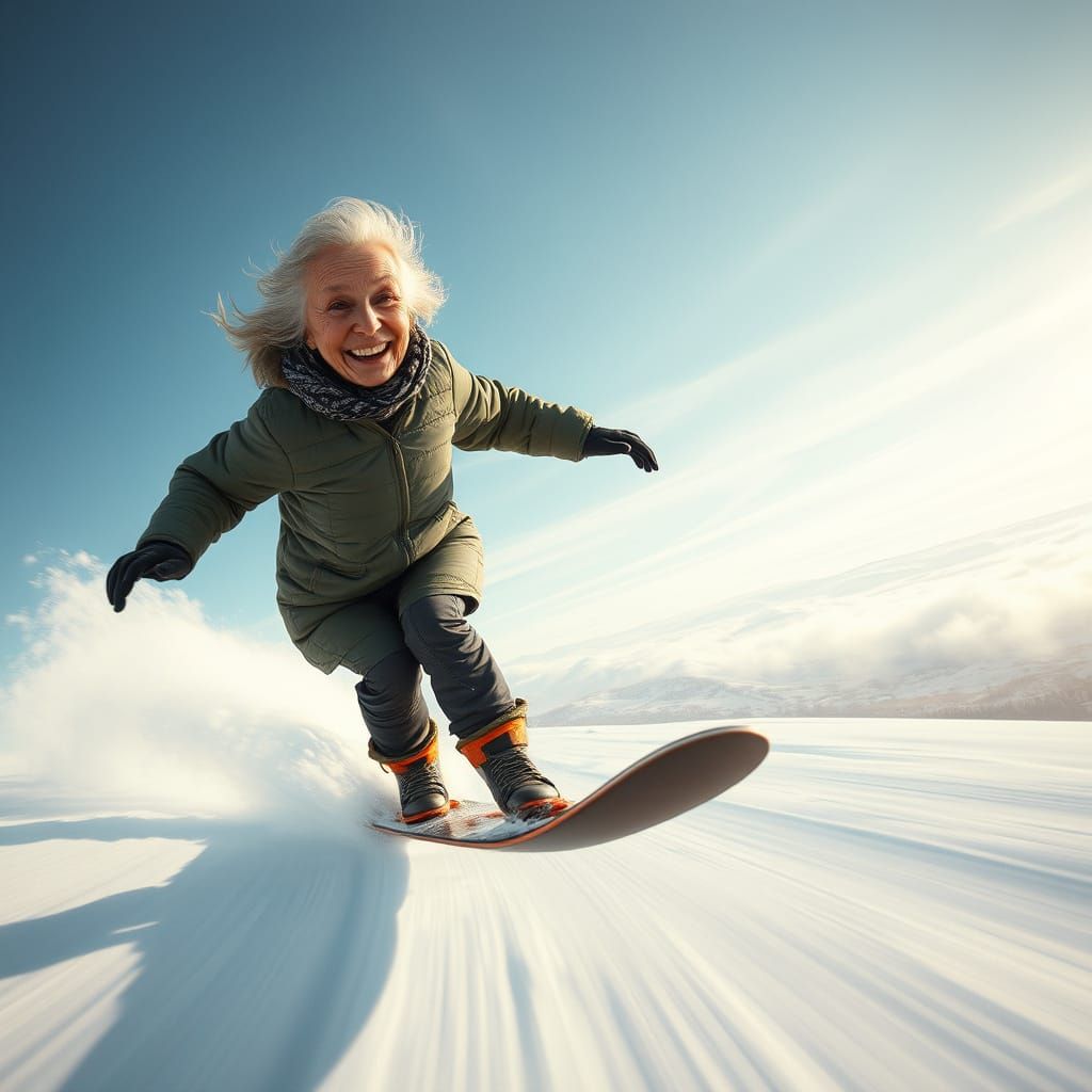 Hyperrealistic Old Woman Snowboarding Caricature