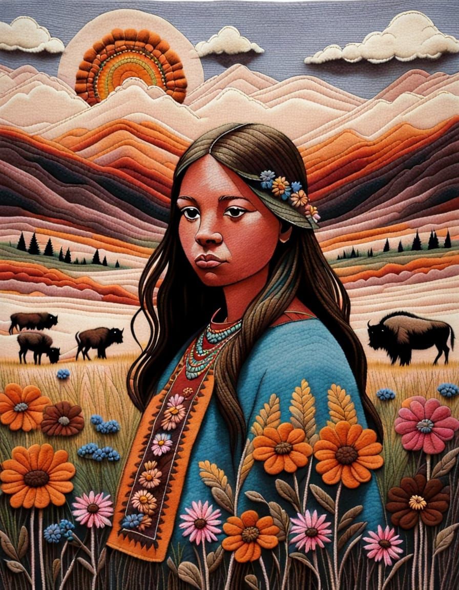 Embroidered Felt Tapestry of Native Girl at Sunset