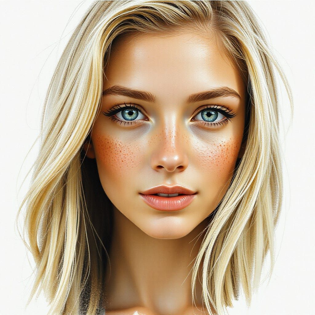 Beautiful Woman with Freckles and Blonde Hair in Pencil Sket...