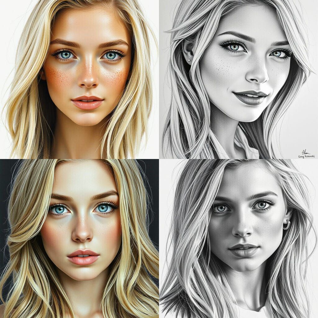 Beautiful Woman with Freckles and Blonde Hair, Pencil Sketch