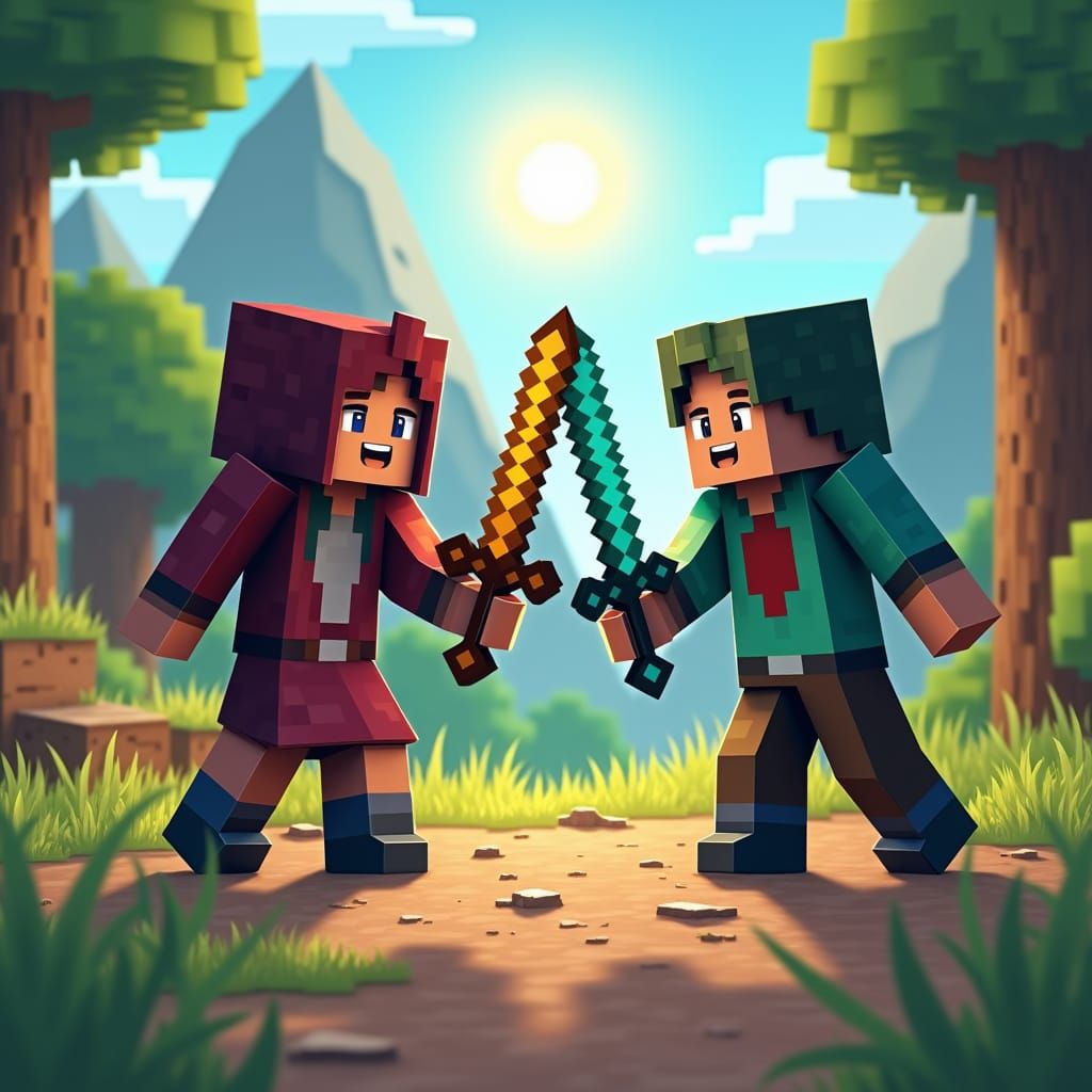 Minecraft Battle Scene with Pixelated Figures