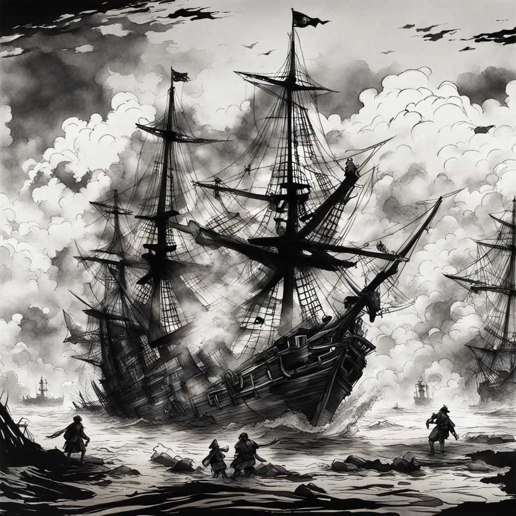 Pirate Battle in Japanese Ink Art Style