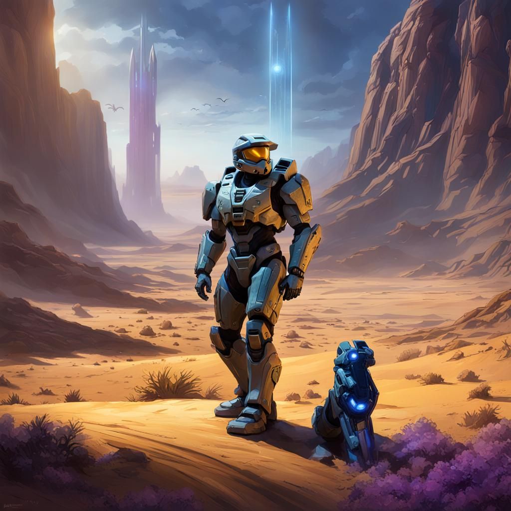 Master Chief and Cortana in Dark Fantasy Desert