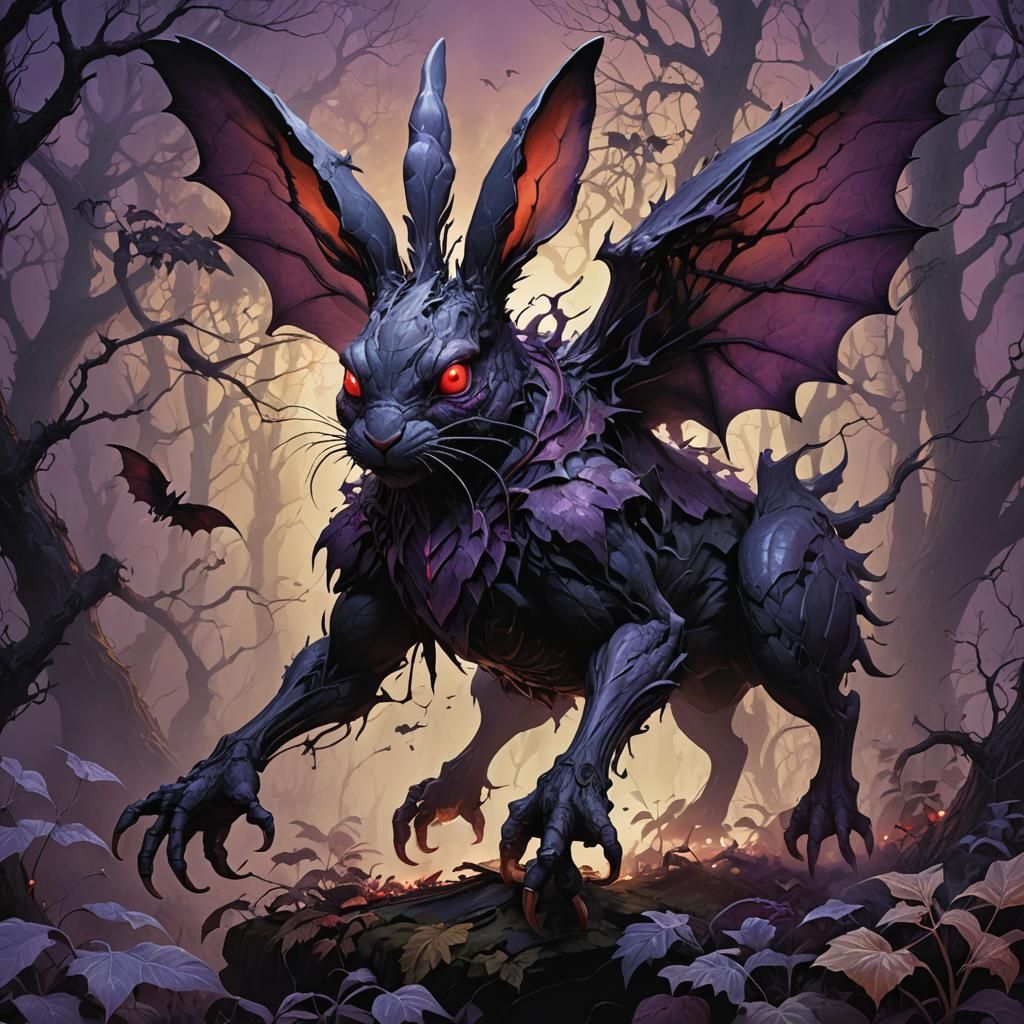 Grotesque Rabbit with Bat Wings in Dark Fantasy Style
