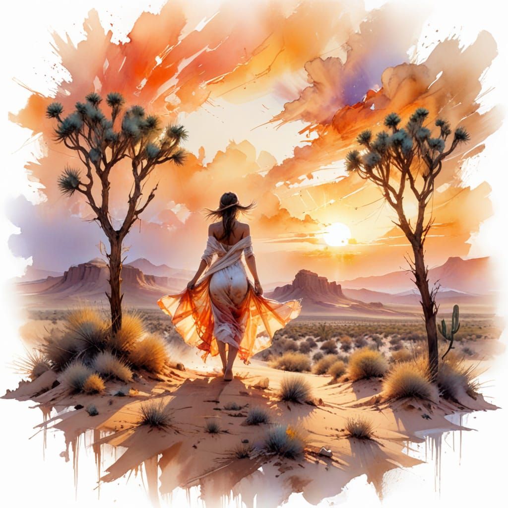 Desert Wanderer in Silks, Watercolor Summerscape