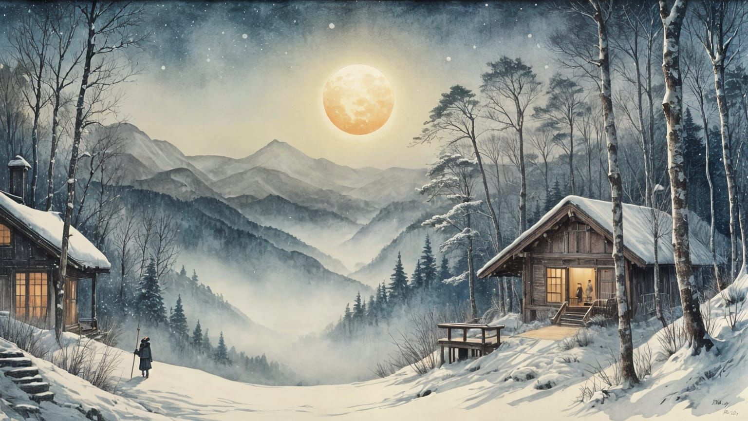 Winter Moonlit Scene in Traditional Japanese Style