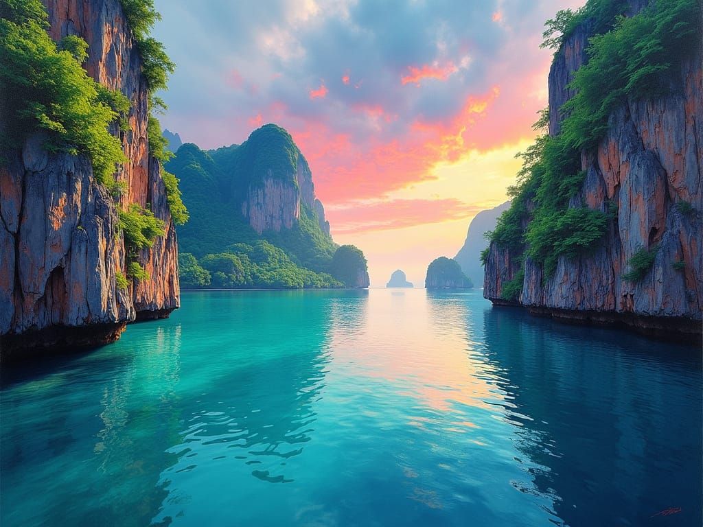 Ethereal Sunset over Phang Nga Bay in Vibrant Oil and Ink