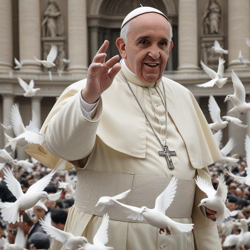 Pope Francis I surrounded by doves in St. Peter's Square. silverpoint silver nitrate photo