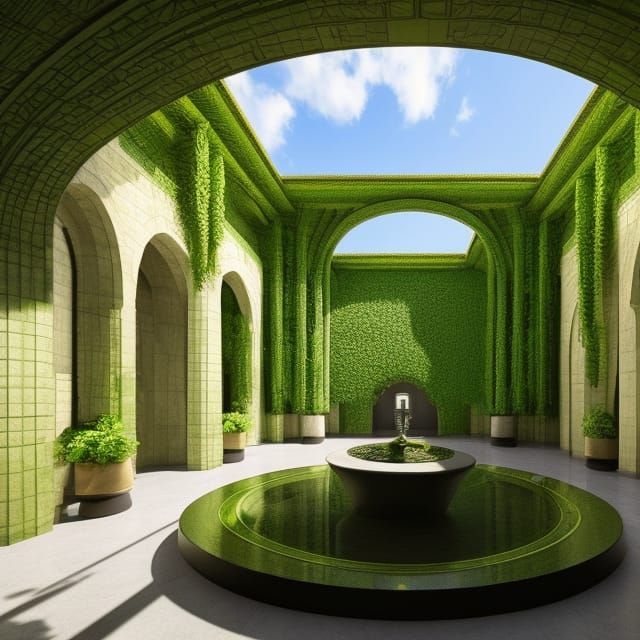 Green Tile Atrium with Stone Fountain, Hyperrealistic Render
