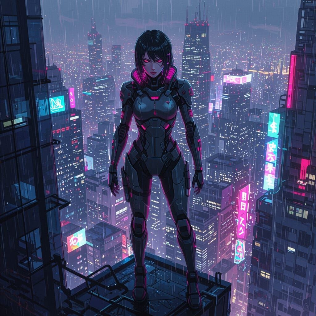 Cyberpunk Superheroine in Neon Armor Overlooking City